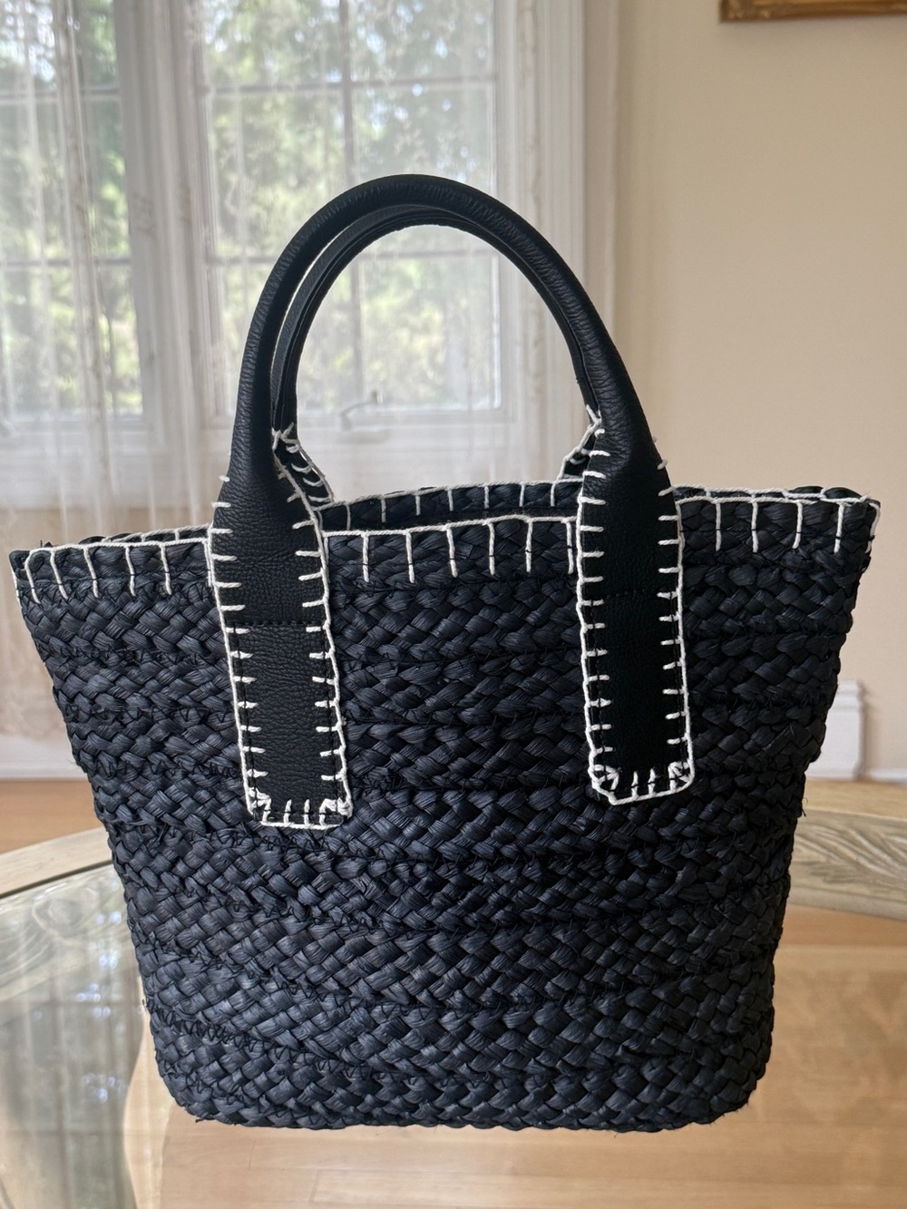 Black Woven Tote Bag with Contrast Stitching